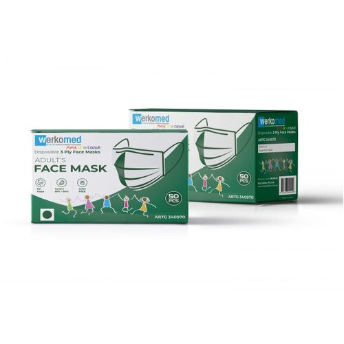 Werkomed Green Face Mask Latex Free Earloops 50 Pack