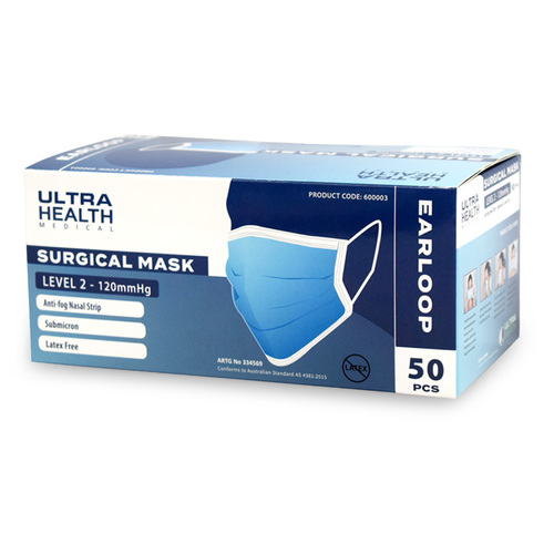 Ultra Health Surgical Face Mask Level 2 Anti Fog Earloops 50 Pack