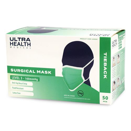 Ultra Health Surgical Face Mask Level 3 Anti-Fog Ear Ties Green 50 Pack